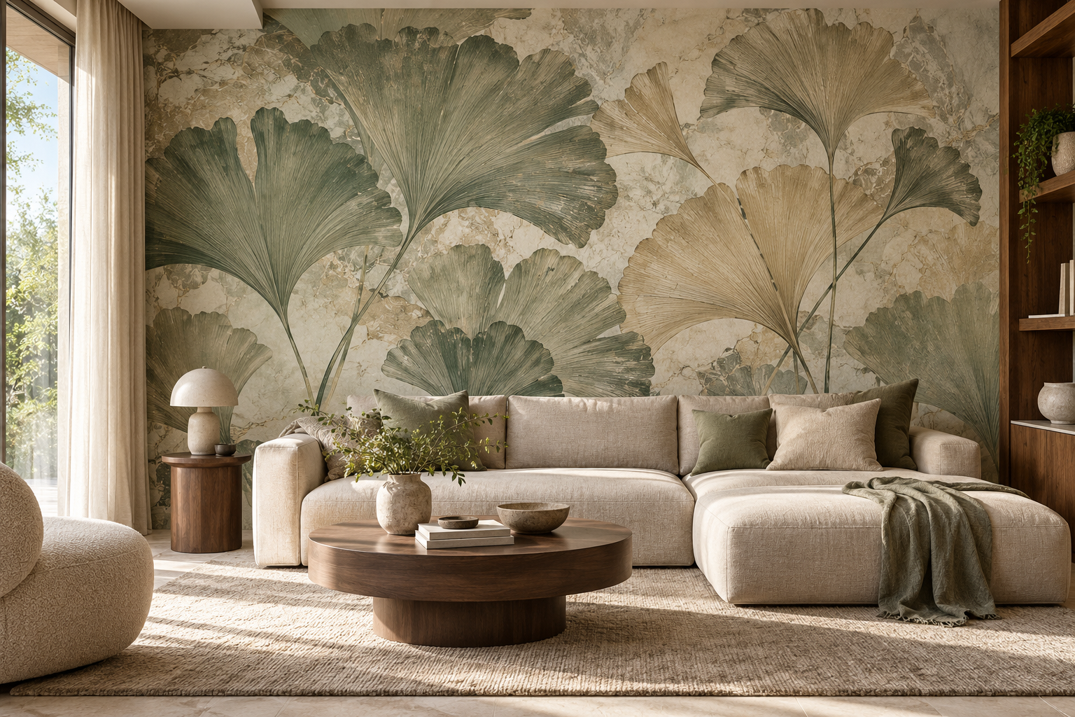 Botaniczna fototapeta w eleganckim salonie — wizualizacja inspiracyjna AI