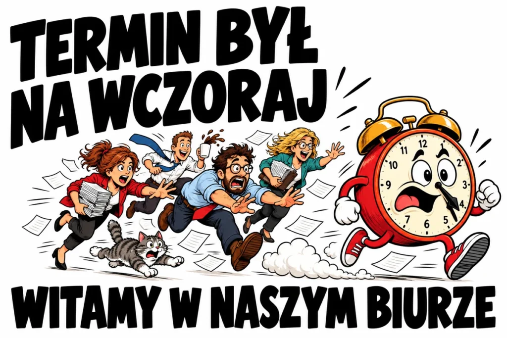 TERMIN BYŁ NA WCZORAJ — WITAMY W NASZYM BIURZE | tabliczka Bogler 30 × 20 cm