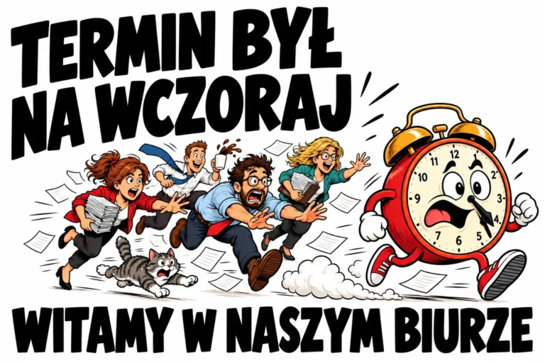 TERMIN BYŁ NA WCZORAJ — WITAMY W NASZYM BIURZE | tabliczka Bogler 30 × 20 cm