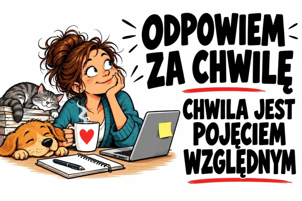ODPOWIEM ZA CHWILĘ — CHWILA JEST POJĘCIEM WZGLĘDNYM | tabliczka Bogler 30 × 20 cm