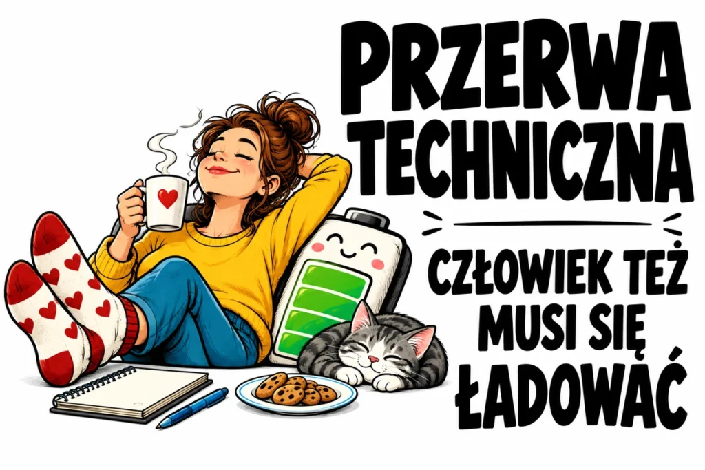 PRZERWA TECHNICZNA — CZŁOWIEK TEŻ MUSI SIĘ ŁADOWAĆ | tabliczka Bogler 30 × 20 cm