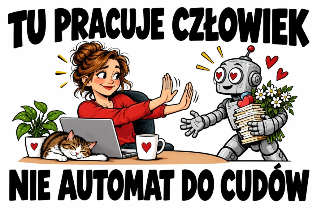 TU PRACUJE CZŁOWIEK — NIE AUTOMAT DO CUDÓW | tabliczka Bogler 30 × 20 cm