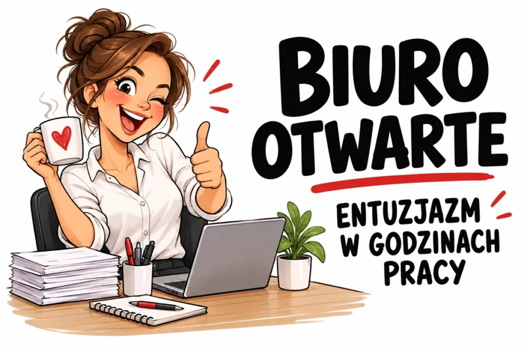 BIURO OTWARTE — ENTUZJAZM W GODZINACH PRACY | tabliczka Bogler 30 × 20 cm