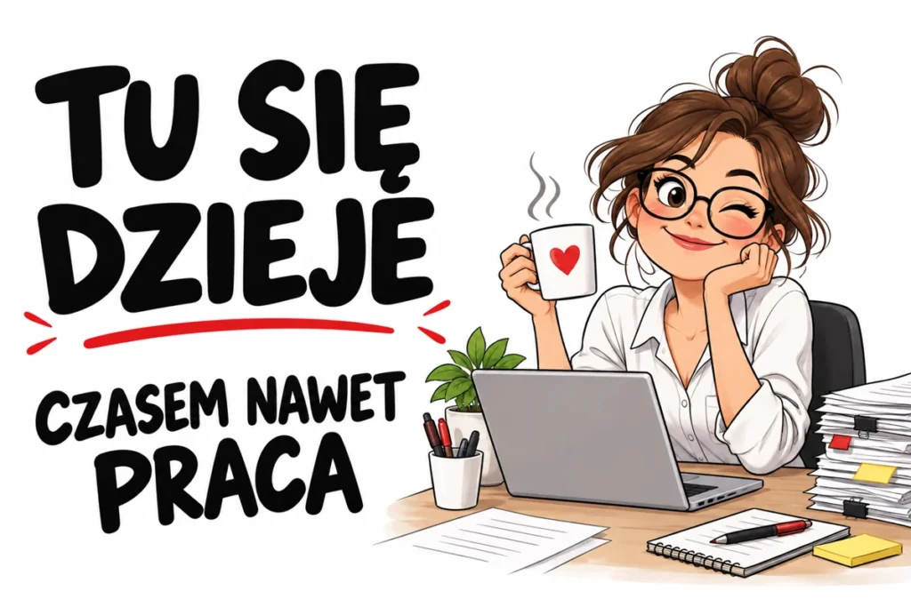 TU SIĘ DZIEJE — CZASEM NAWET PRACA | tabliczka Bogler 30 × 20 cm