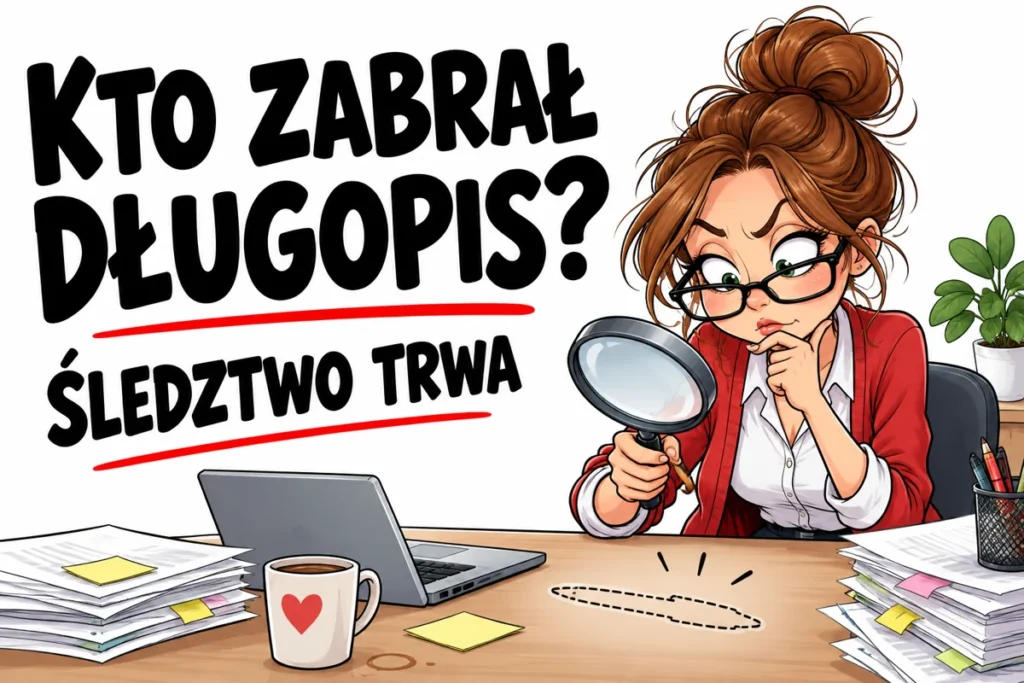 KTO ZABRAŁ DŁUGOPIS? — ŚLEDZTWO TRWA | tabliczka Bogler 30 × 20 cm