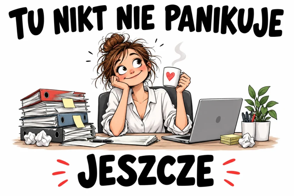 TU NIKT NIE PANIKUJE — JESZCZE | tabliczka Bogler 30 × 20 cm