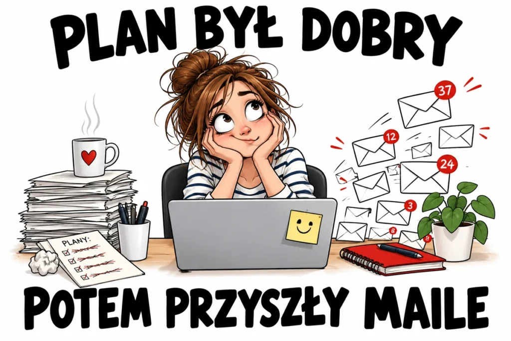 PLAN BYŁ DOBRY — POTEM PRZYSZŁY MAILE | tabliczka Bogler 30 × 20 cm