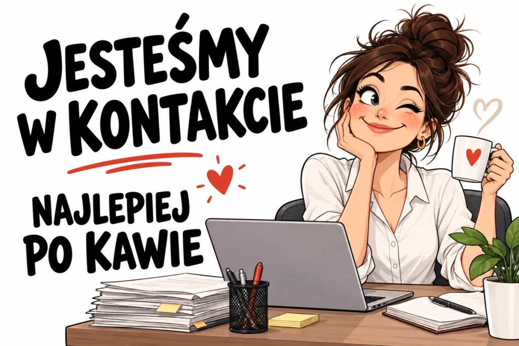 JESTEŚMY W KONTAKCIE — NAJLEPIEJ PO KAWIE | tabliczka Bogler 30 × 20 cm