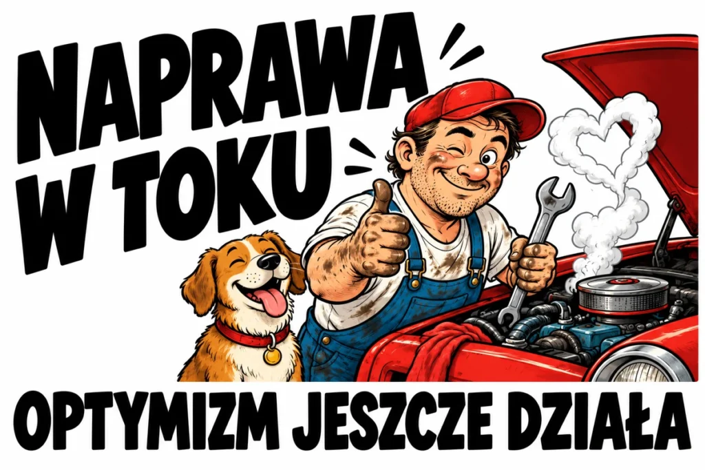 NAPRAWA W TOKU — OPTYMIZM JESZCZE DZIAŁA | tabliczka Bogler 30 × 20 cm