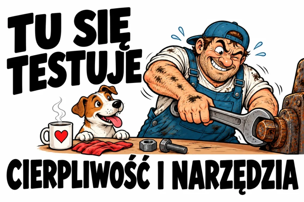 TU SIĘ TESTUJE — CIERPLIWOŚĆ I NARZĘDZIA | tabliczka Bogler 30 × 20 cm