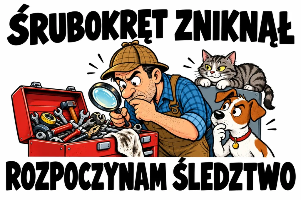 ŚRUBOKRĘT ZNIKNĄŁ — ROZPOCZYNAM ŚLEDZTWO | tabliczka Bogler 30 × 20 cm