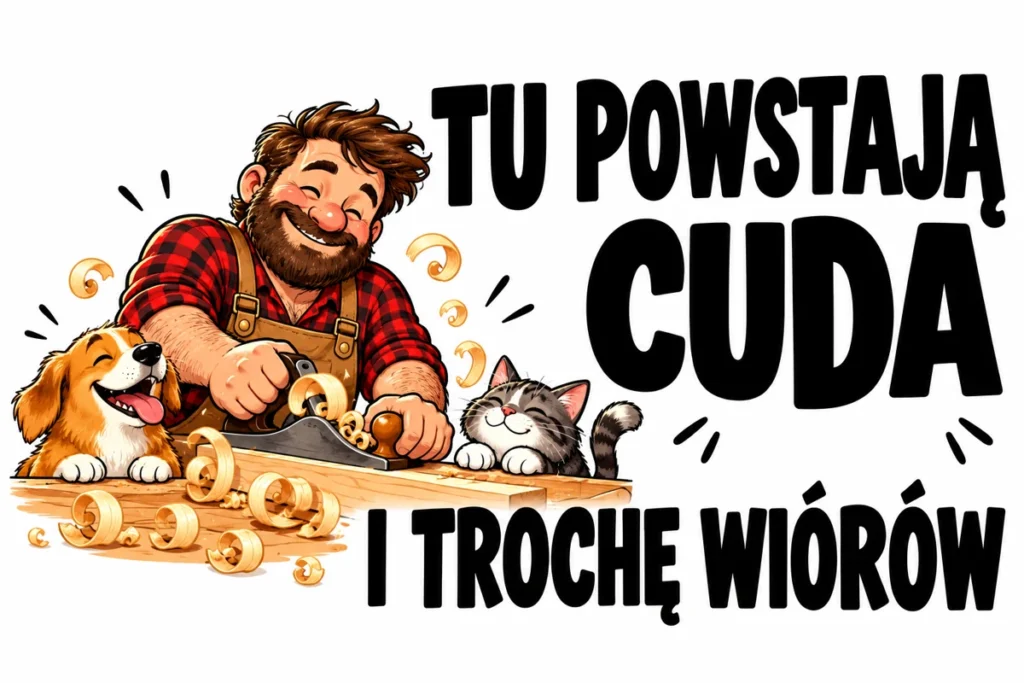 TU POWSTAJĄ CUDA — I TROCHĘ WIÓRÓW | tabliczka Bogler 30 × 20 cm