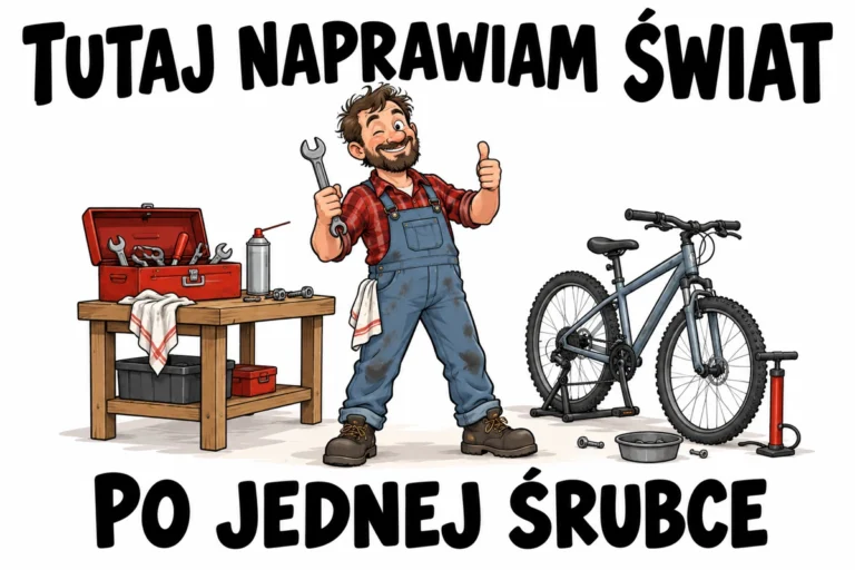 TUTAJ NAPRAWIAM ŚWIAT — PO JEDNEJ ŚRUBCE | tabliczka Bogler 30 × 20 cm
