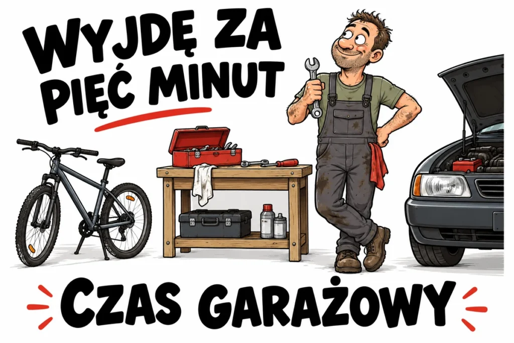 WYJDĘ ZA PIĘĆ MINUT — CZAS GARAŻOWY | tabliczka Bogler 30 × 20 cm