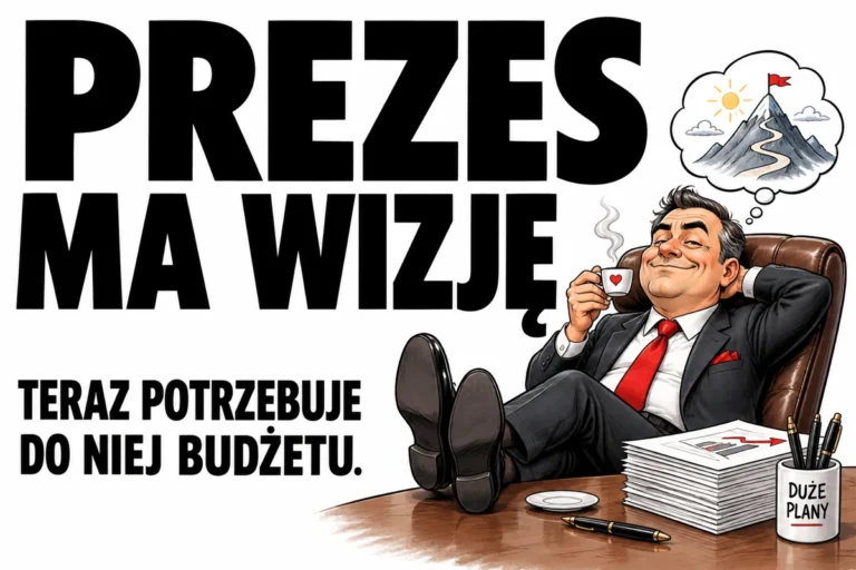 PREZES MA WIZJĘ — TERAZ POTRZEBUJE DO NIEJ BUDŻETU. | tabliczka Bogler 30 × 20 cm