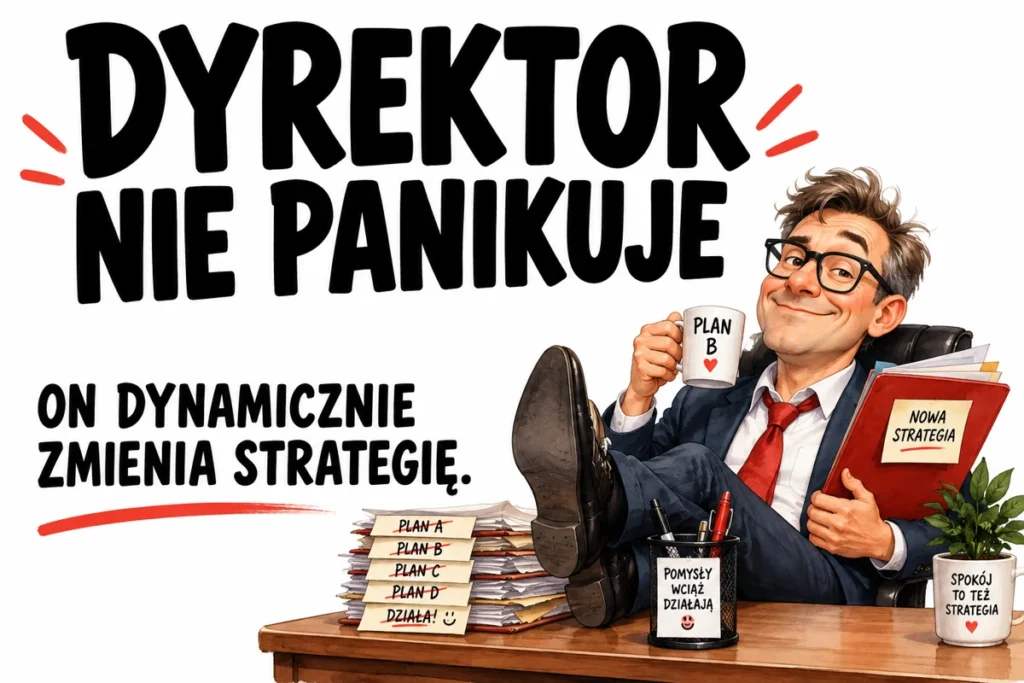 DYREKTOR NIE PANIKUJE — ON DYNAMICZNIE ZMIENIA STRATEGIĘ. | tabliczka Bogler 30 × 20 cm