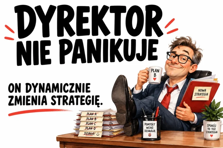 DYREKTOR NIE PANIKUJE — ON DYNAMICZNIE ZMIENIA STRATEGIĘ. | tabliczka Bogler 30 × 20 cm