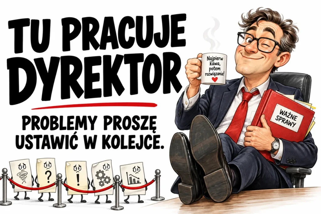 TU PRACUJE DYREKTOR — PROBLEMY PROSZĘ USTAWIĆ W KOLEJCE. | tabliczka Bogler 30 × 20 cm