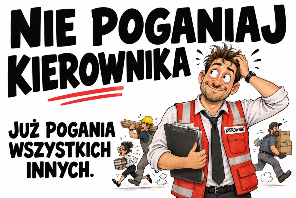 NIE POGANIAJ KIEROWNIKA — JUŻ POGANIA WSZYSTKICH INNYCH. | tabliczka Bogler 30 × 20 cm