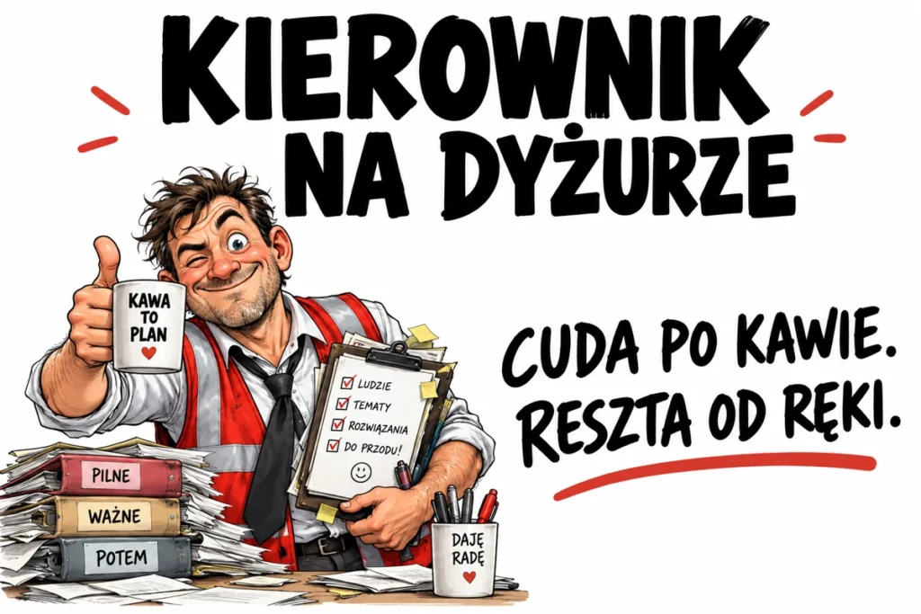 KIEROWNIK NA DYŻURZE — CUDA PO KAWIE. RESZTA OD RĘKI. | tabliczka Bogler 30 × 20 cm
