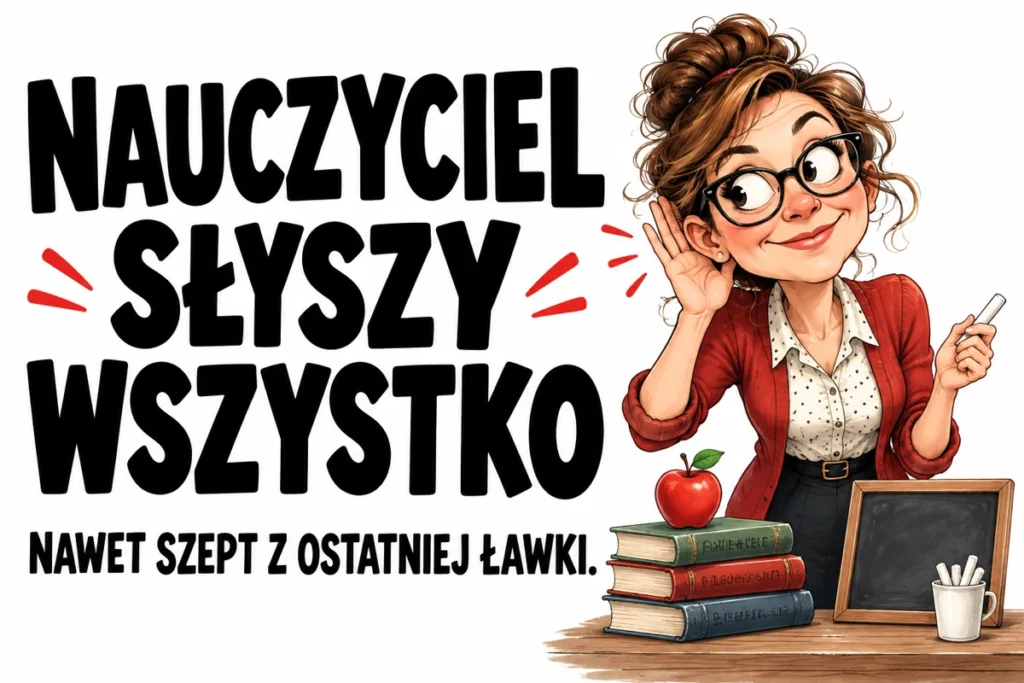 NAUCZYCIEL SŁYSZY WSZYSTKO — NAWET SZEPT Z OSTATNIEJ ŁAWKI. | tabliczka Bogler 30 × 20 cm