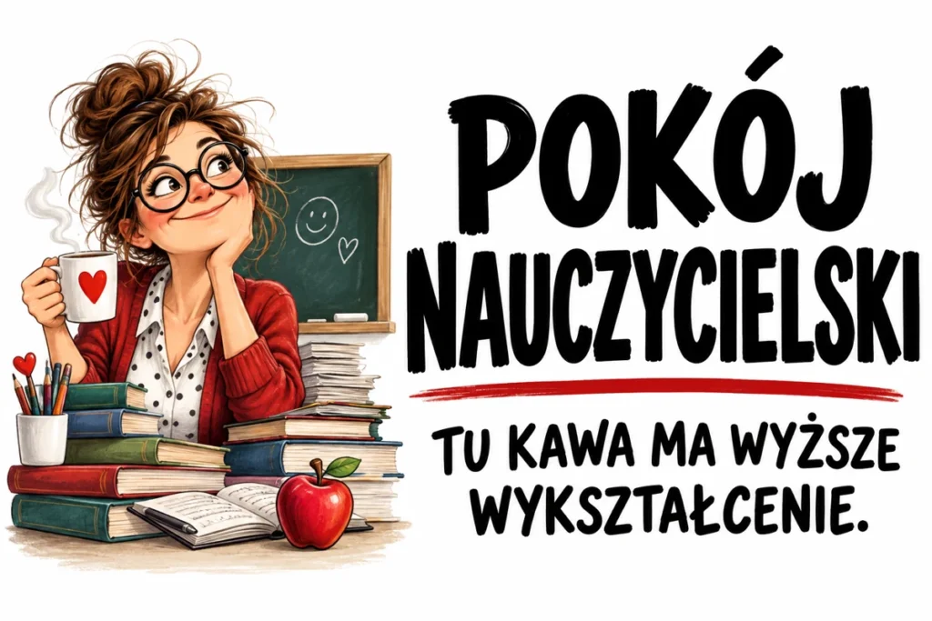 POKÓJ NAUCZYCIELSKI — TU KAWA MA WYŻSZE WYKSZTAŁCENIE. | tabliczka Bogler 30 × 20 cm