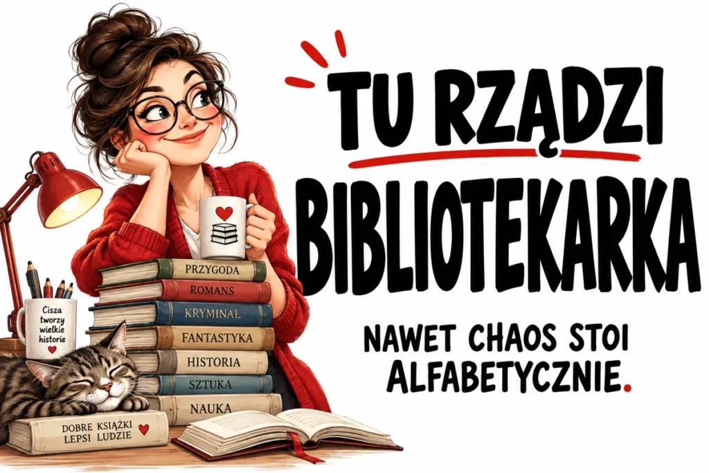 TU RZĄDZI BIBLIOTEKARKA — NAWET CHAOS STOI ALFABETYCZNIE. | tabliczka Bogler 30 × 20 cm