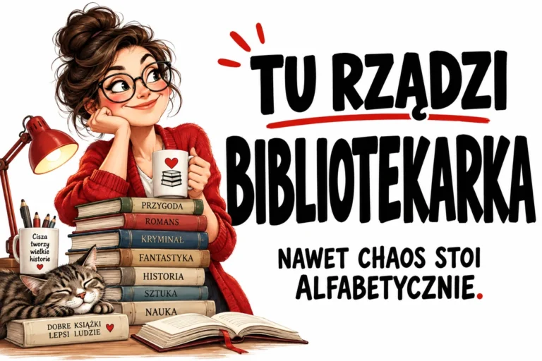 TU RZĄDZI BIBLIOTEKARKA — NAWET CHAOS STOI ALFABETYCZNIE. | tabliczka Bogler 30 × 20 cm