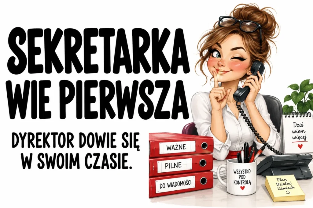 SEKRETARKA WIE PIERWSZA — DYREKTOR DOWIE SIĘ W SWOIM CZASIE. | tabliczka Bogler 30 × 20 cm