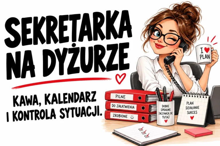 SEKRETARKA NA DYŻURZE — KAWA, KALENDARZ I KONTROLA SYTUACJI. | tabliczka Bogler 30 × 20 cm