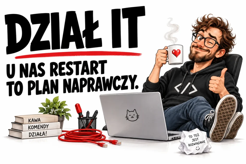 DZIAŁ IT — U NAS RESTART TO PLAN NAPRAWCZY. | tabliczka Bogler 30 × 20 cm