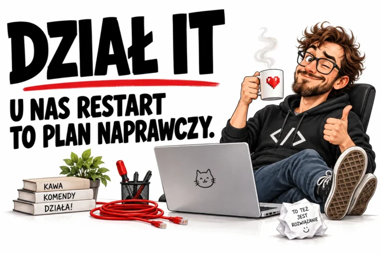 DZIAŁ IT — U NAS RESTART TO PLAN NAPRAWCZY. | tabliczka Bogler 30 × 20 cm