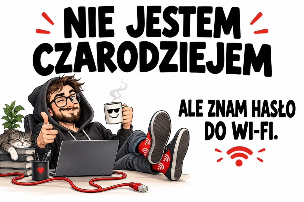 NIE JESTEM CZARODZIEJEM — ALE ZNAM HASŁO DO WI-FI. | tabliczka Bogler 30 × 20 cm