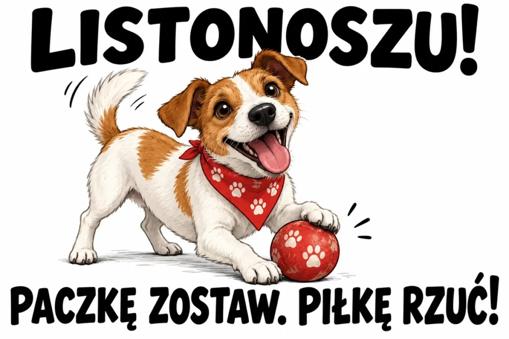 LISTONOSZU! — PACZKĘ ZOSTAW. PIŁKĘ RZUĆ!