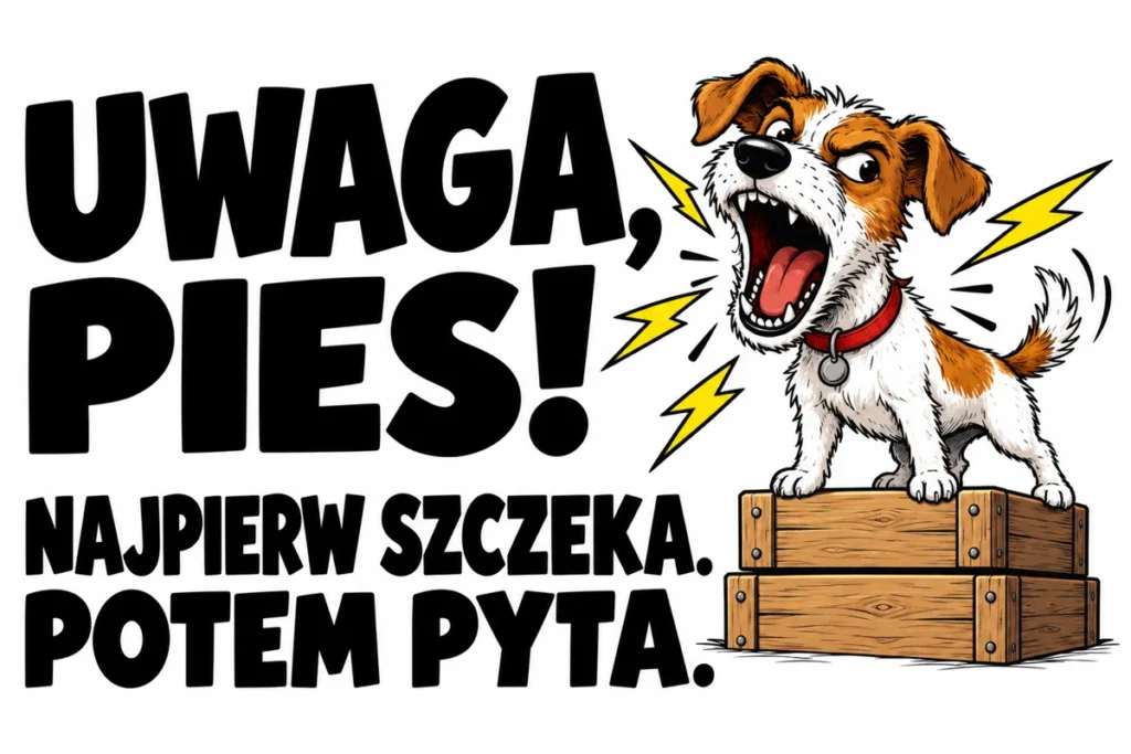 UWAGA, PIES! — NAJPIERW SZCZEKA. POTEM PYTA. | tabliczka Bogler 30 × 20 cm