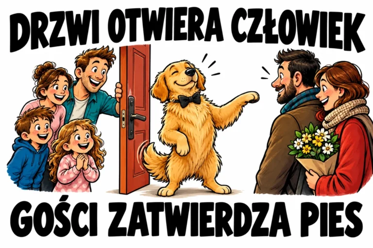 DRZWI OTWIERA CZŁOWIEK — GOŚCI ZATWIERDZA PIES | tabliczka Bogler 30 × 20 cm