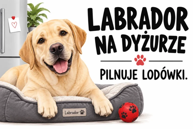 LABRADOR NA DYŻURZE — PILNUJE LODÓWKI. | tabliczka Bogler 30 × 20 cm