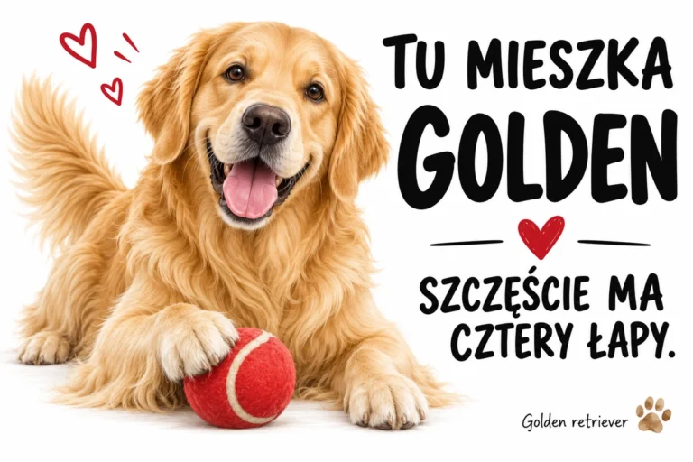 TU MIESZKA GOLDEN — SZCZĘŚCIE MA CZTERY ŁAPY. | tabliczka Bogler 30 × 20 cm