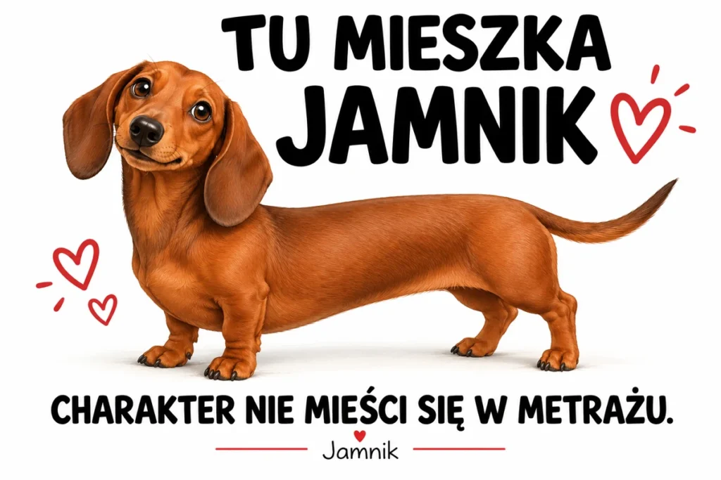 TU MIESZKA JAMNIK — CHARAKTER NIE MIEŚCI SIĘ W METRAŻU. | tabliczka Bogler 30 × 20 cm