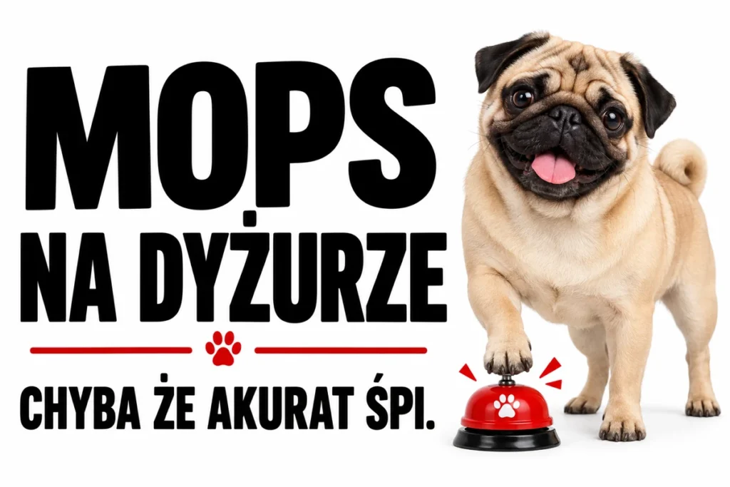 MOPS NA DYŻURZE — CHYBA ŻE AKURAT ŚPI. | tabliczka Bogler 30 × 20 cm