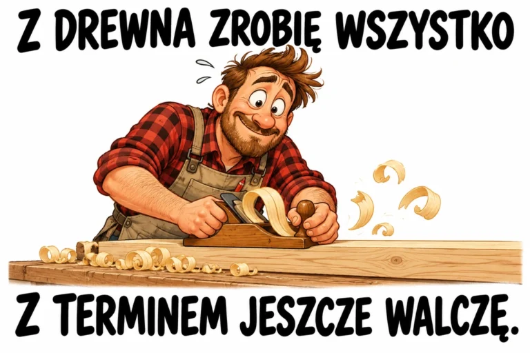 Z DREWNA ZROBIĘ WSZYSTKO — Z TERMINEM JESZCZE WALCZĘ. | tabliczka Bogler 30 × 20 cm