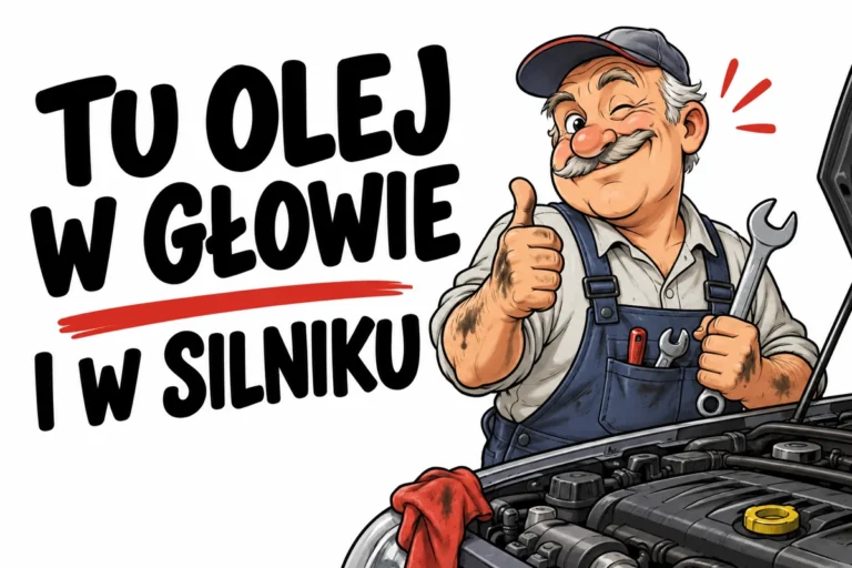 TU OLEJ W GŁOWIE — I W SILNIKU | tabliczka Bogler 30 × 20 cm