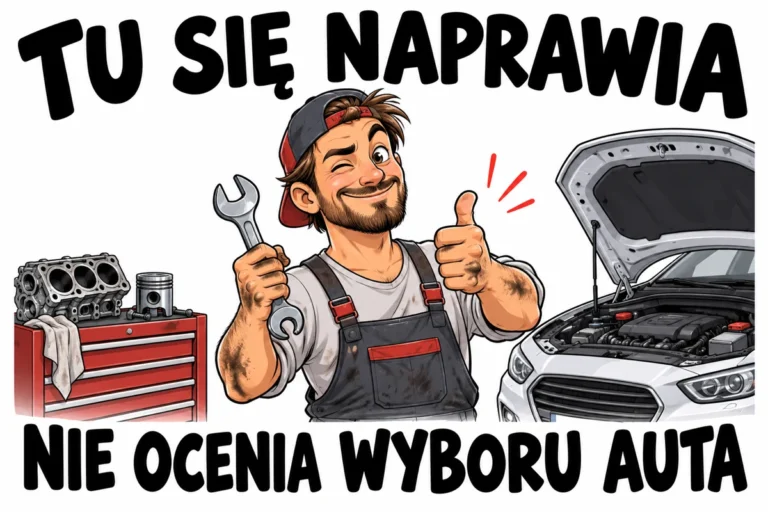 TU SIĘ NAPRAWIA — NIE OCENIA WYBORU AUTA | tabliczka Bogler 30 × 20 cm