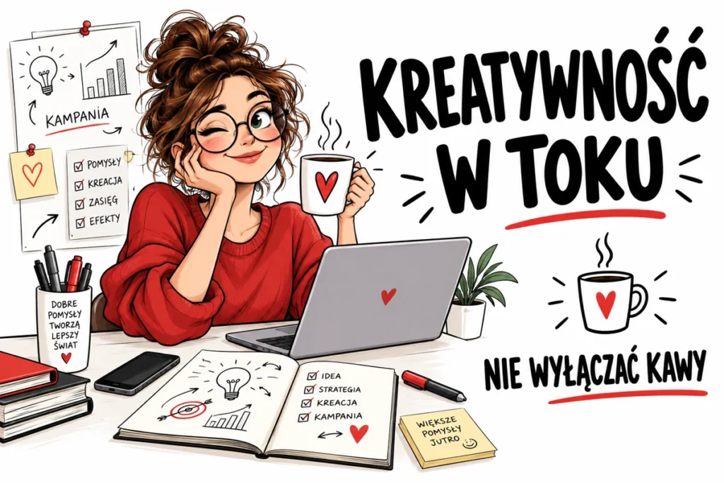 KREATYWNOŚĆ W TOKU — NIE WYŁĄCZAĆ KAWY | tabliczka Bogler 30 × 20 cm