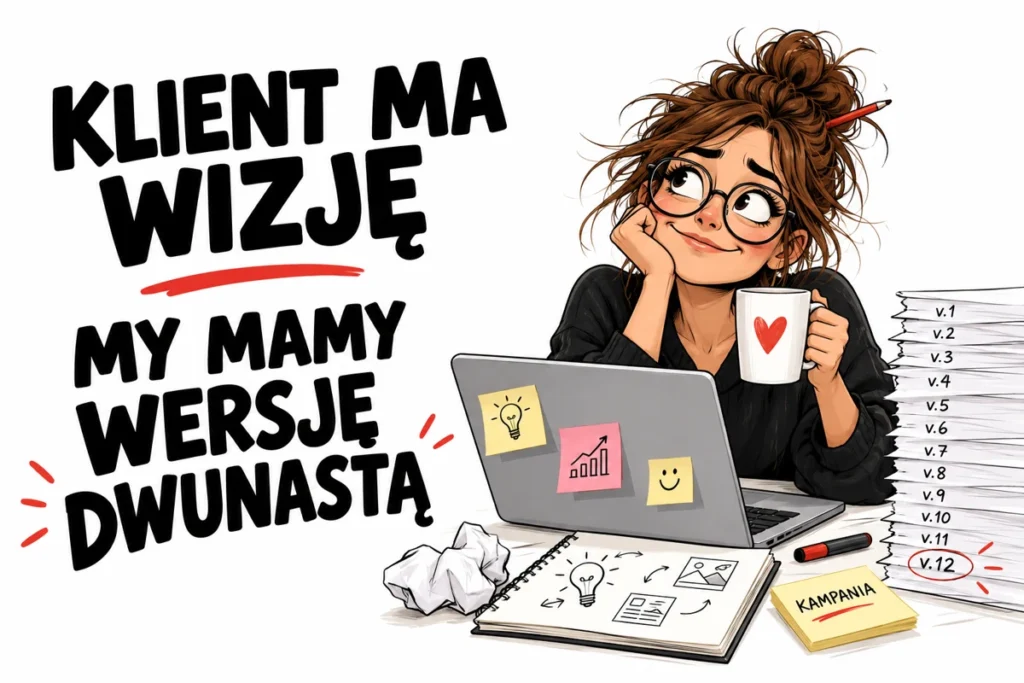 KLIENT MA WIZJĘ — MY MAMY WERSJĘ DWUNASTĄ | tabliczka Bogler 30 × 20 cm