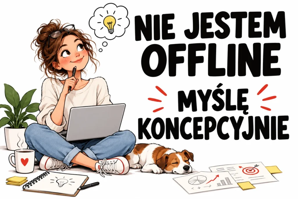 NIE JESTEM OFFLINE — MYŚLĘ KONCEPCYJNIE | tabliczka Bogler 30 × 20 cm