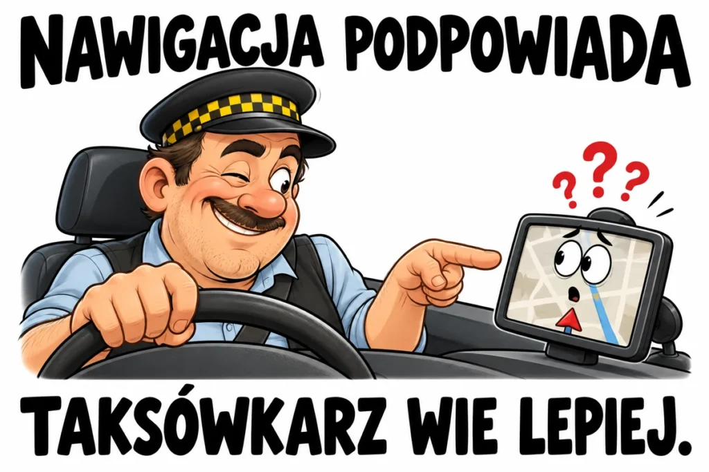NAWIGACJA PODPOWIADA — TAKSÓWKARZ WIE LEPIEJ. | tabliczka Bogler 30 × 20 cm