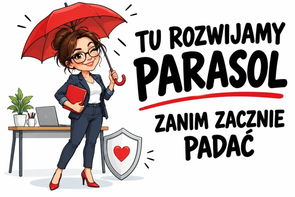 TU ROZWIJAMY PARASOL — ZANIM ZACZNIE PADAĆ | tabliczka Bogler 30 × 20 cm