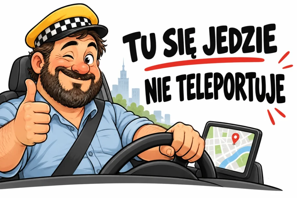 TU SIĘ JEDZIE — NIE TELEPORTUJE | tabliczka Bogler 30 × 20 cm