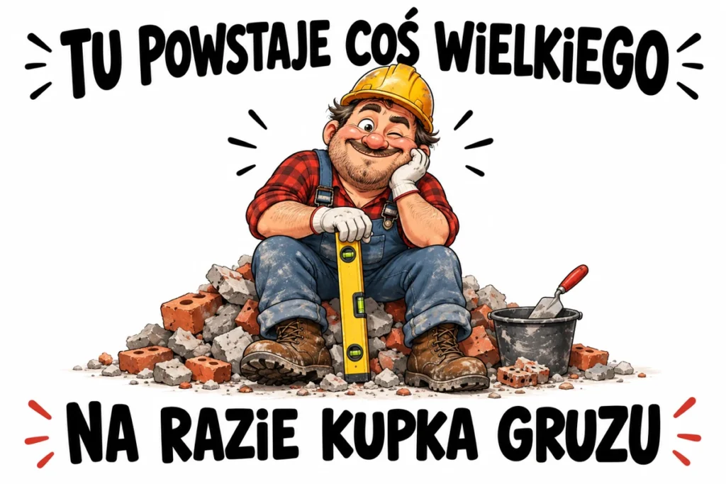 TU POWSTAJE COŚ WIELKIEGO — NA RAZIE KUPKA GRUZU | tabliczka Bogler 30 × 20 cm